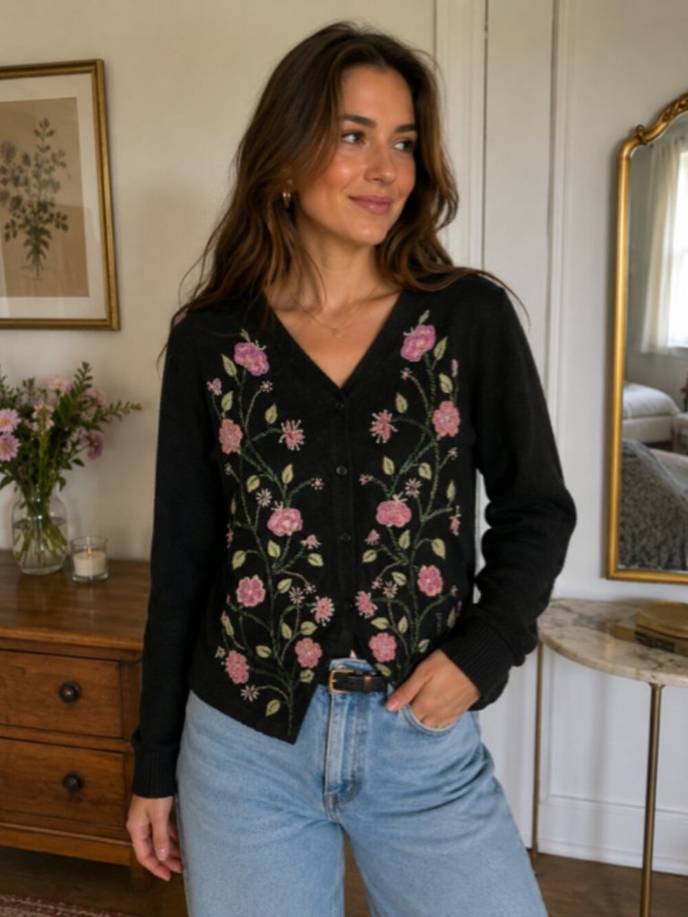 Vintage Graver Studio Beaded Floral Cardigan Medium Cottagecore